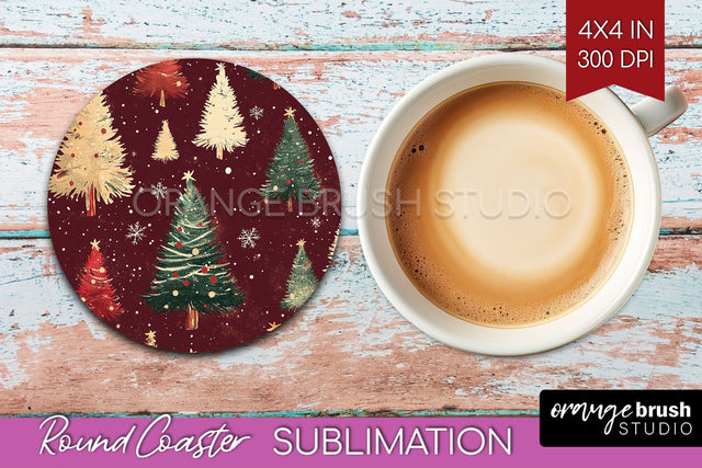 Christmas Tree Round Coaster PNG - Vintage Christmas Coaster Sublimation OrangeBrushStudio 