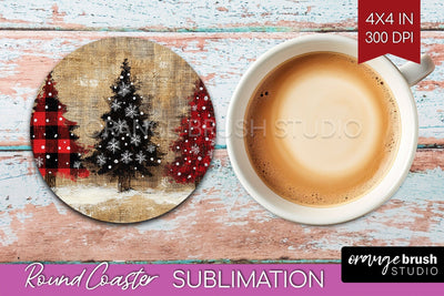 Christmas Tree Round Coaster PNG - Vintage Christmas Coaster Sublimation OrangeBrushStudio 