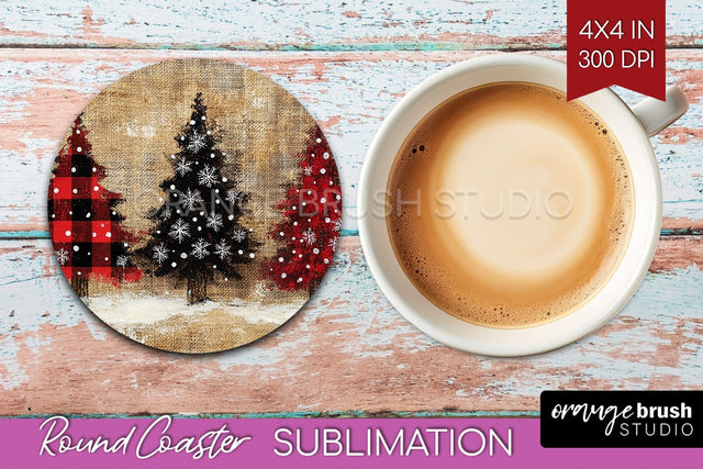 Christmas Tree Round Coaster PNG - Vintage Christmas Coaster Sublimation OrangeBrushStudio 