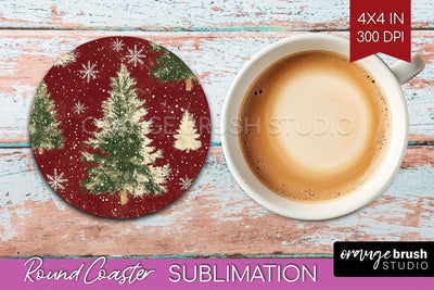 Christmas Tree Round Coaster PNG - Vintage Christmas Coaster Sublimation OrangeBrushStudio 