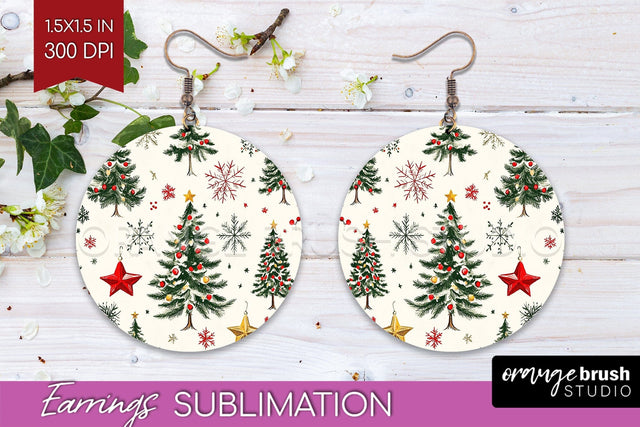 Christmas Tree Round Earrings, Vintage Christmas Sublimation Sublimation OrangeBrushStudio 