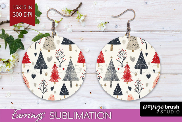 Christmas Tree Round Earrings, Vintage Christmas Sublimation Sublimation OrangeBrushStudio 