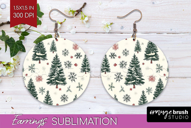 Christmas Tree Round Earrings, Vintage Christmas Sublimation Sublimation OrangeBrushStudio 