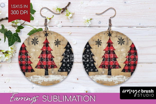 Christmas Tree Round Earrings, Vintage Christmas Sublimation Sublimation OrangeBrushStudio 