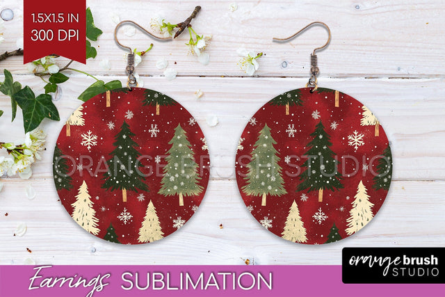 Christmas Tree Round Earrings, Vintage Christmas Sublimation Sublimation OrangeBrushStudio 