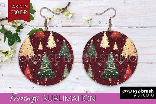 Christmas Tree Round Earrings, Vintage Christmas Sublimation Sublimation OrangeBrushStudio 