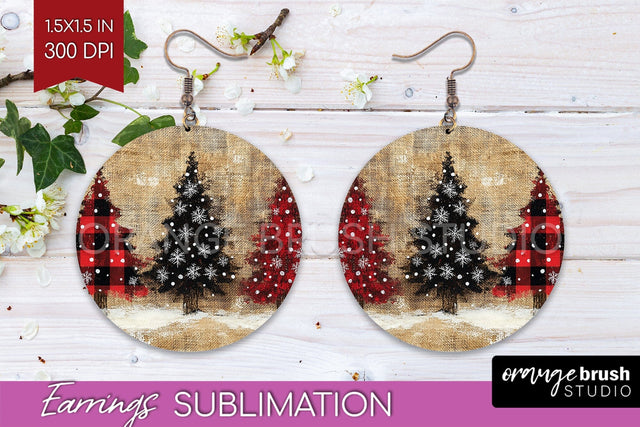 Christmas Tree Round Earrings, Vintage Christmas Sublimation Sublimation OrangeBrushStudio 