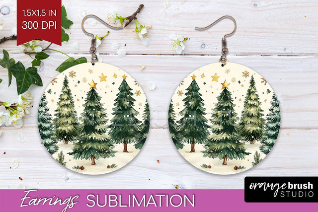 Christmas Tree Round Earrings, Vintage Christmas Sublimation Sublimation OrangeBrushStudio 