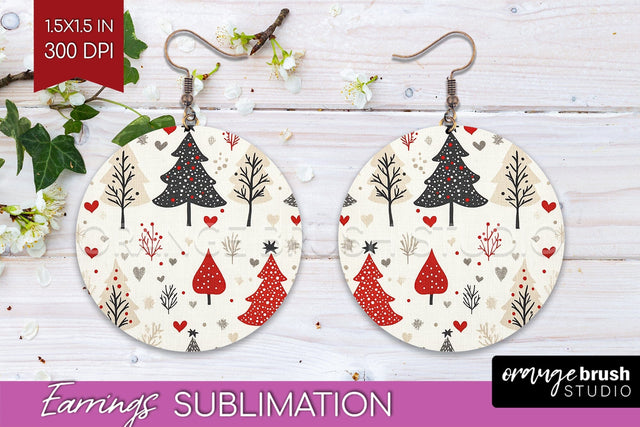 Christmas Tree Round Earrings, Vintage Christmas Sublimation Sublimation OrangeBrushStudio 