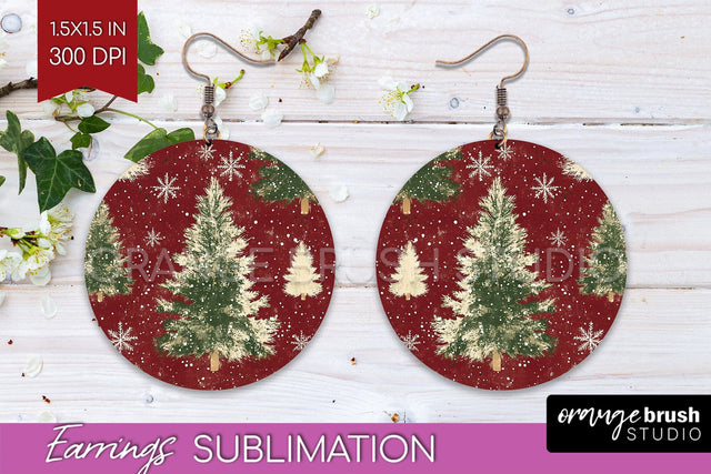 Christmas Tree Round Earrings, Vintage Christmas Sublimation Sublimation OrangeBrushStudio 