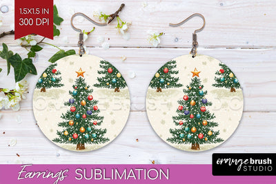 Christmas Tree Round Earrings, Vintage Christmas Sublimation Sublimation OrangeBrushStudio 