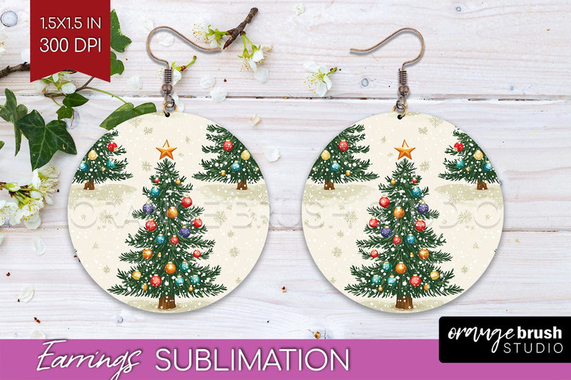 Christmas Tree Round Earrings, Vintage Christmas Sublimation Sublimation OrangeBrushStudio 