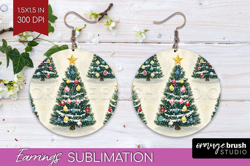 Christmas Tree Round Earrings, Vintage Christmas Sublimation Sublimation OrangeBrushStudio 