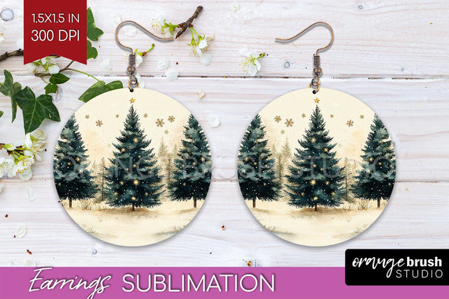 Christmas Tree Round Earrings, Vintage Christmas Sublimation Sublimation OrangeBrushStudio 