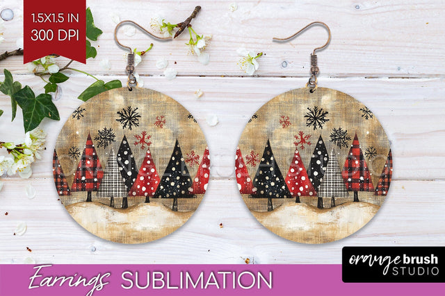 Christmas Tree Round Earrings, Vintage Christmas Sublimation Sublimation OrangeBrushStudio 