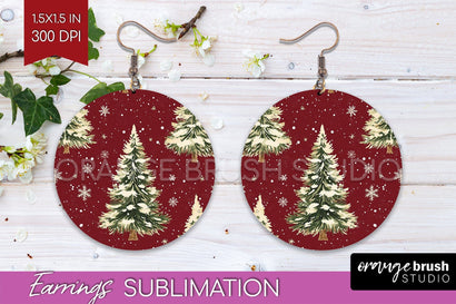 Christmas Tree Round Earrings, Vintage Christmas Sublimation Sublimation OrangeBrushStudio 