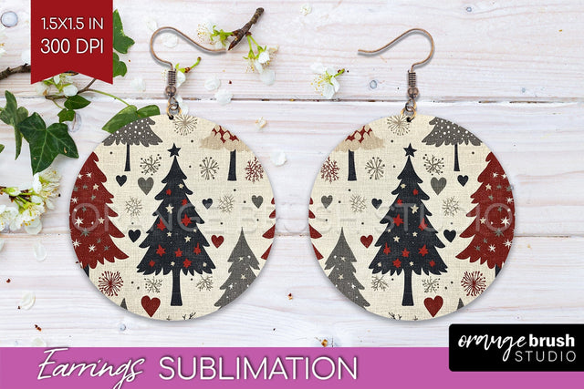 Christmas Tree Round Earrings, Vintage Christmas Sublimation Sublimation OrangeBrushStudio 