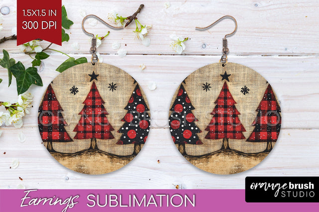 Christmas Tree Round Earrings, Vintage Christmas Sublimation Sublimation OrangeBrushStudio 