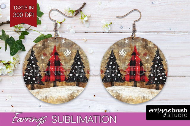 Christmas Tree Round Earrings, Vintage Christmas Sublimation Sublimation OrangeBrushStudio 