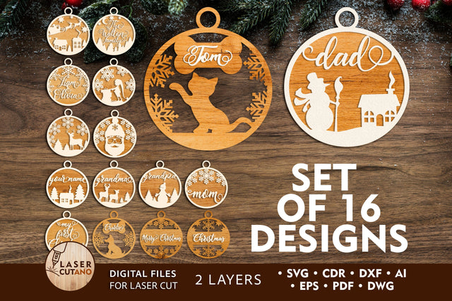 Christmas tree Round Ornaments Set, Laser Cut Files SVG LaserCutano 