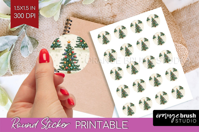 Christmas Tree Round Sticker - Printable Sticker Sheet Sublimation OrangeBrushStudio 