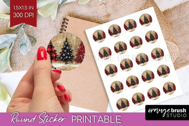Christmas Tree Round Sticker - Printable Sticker Sheet Sublimation OrangeBrushStudio 