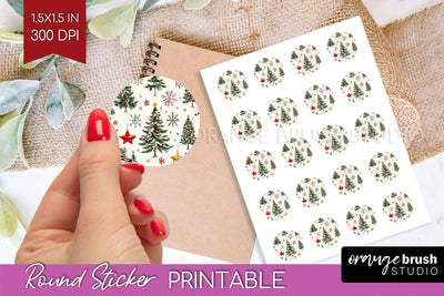 Christmas Tree Round Sticker - Printable Sticker Sheet Sublimation OrangeBrushStudio 