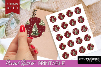 Christmas Tree Round Sticker - Printable Sticker Sheet Sublimation OrangeBrushStudio 