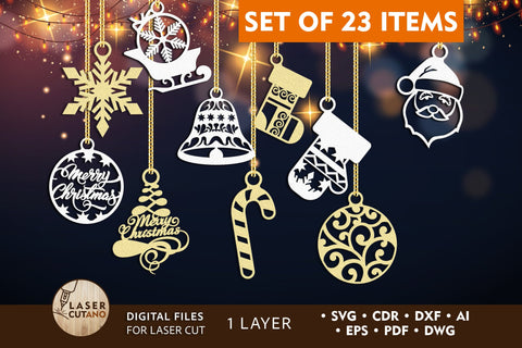 Christmas Tree Set Ornaments Template, Laser Cut Files SVG LaserCutano 