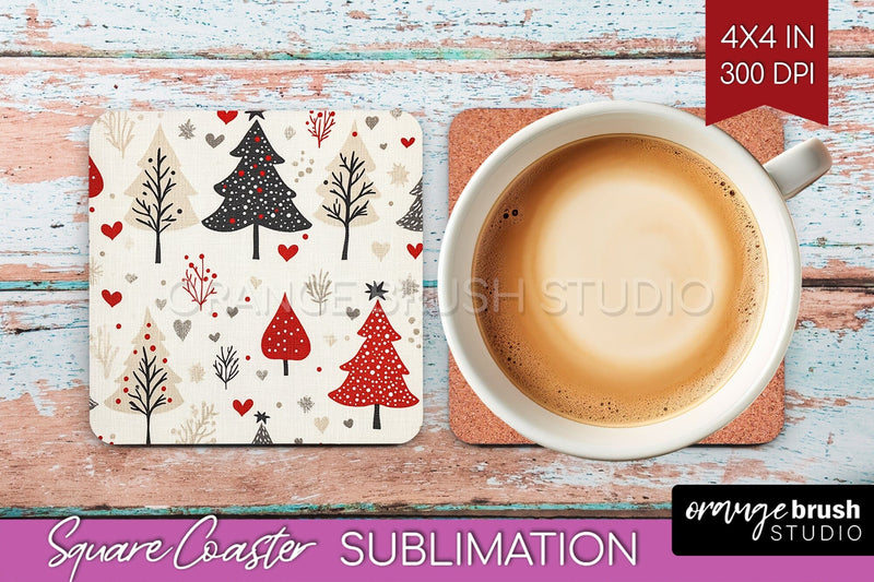 Christmas Tree Square Coaster PNG, Vintage Christmas Coaster Sublimation OrangeBrushStudio 