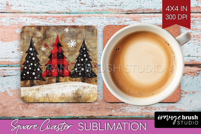 Christmas Tree Square Coaster PNG, Vintage Christmas Coaster Sublimation OrangeBrushStudio 