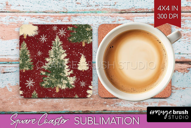 Christmas Tree Square Coaster PNG, Vintage Christmas Coaster Sublimation OrangeBrushStudio 