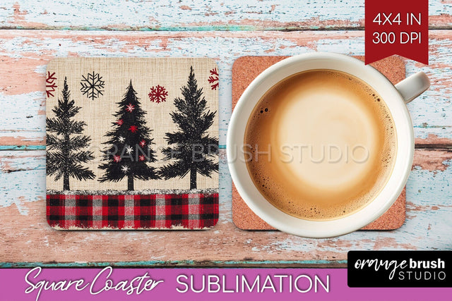 Christmas Tree Square Coaster PNG, Vintage Christmas Coaster Sublimation OrangeBrushStudio 
