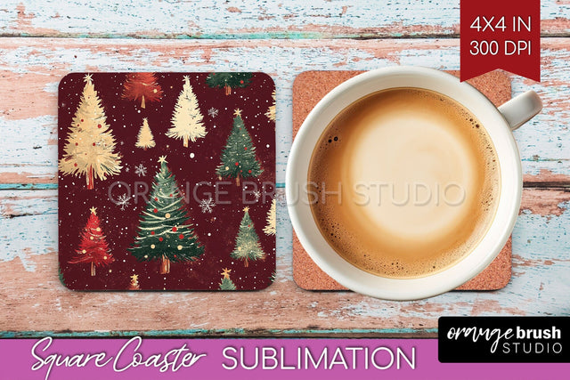 Christmas Tree Square Coaster PNG, Vintage Christmas Coaster Sublimation OrangeBrushStudio 