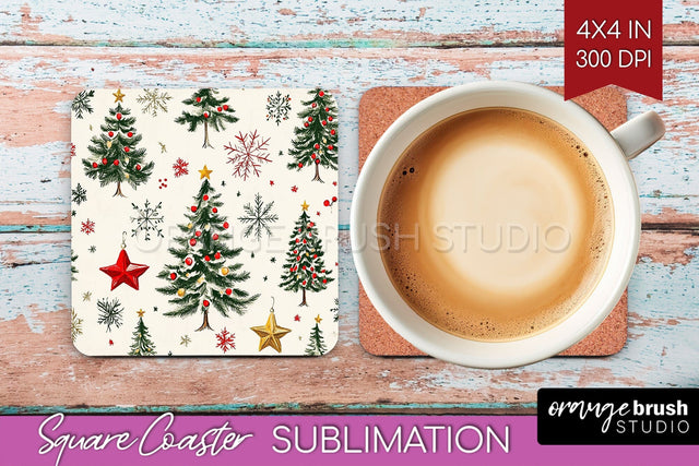 Christmas Tree Square Coaster PNG, Vintage Christmas Coaster Sublimation OrangeBrushStudio 