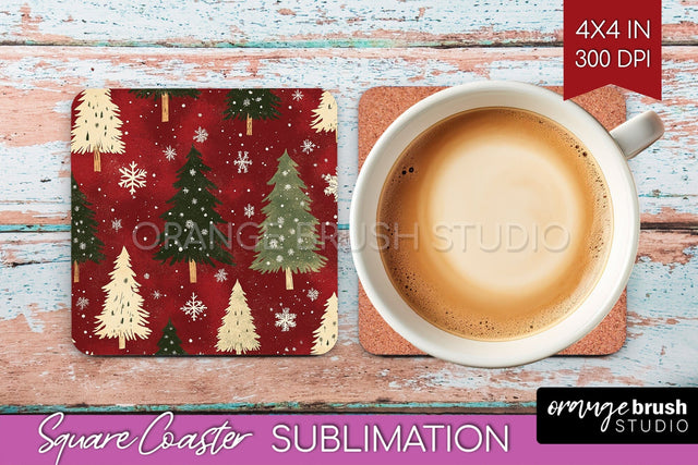 Christmas Tree Square Coaster PNG, Vintage Christmas Coaster Sublimation OrangeBrushStudio 