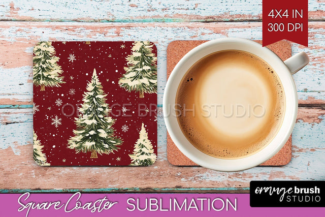 Christmas Tree Square Coaster PNG, Vintage Christmas Coaster Sublimation OrangeBrushStudio 