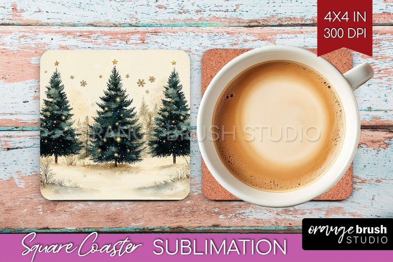 Christmas Tree Square Coaster PNG, Vintage Christmas Coaster Sublimation OrangeBrushStudio 