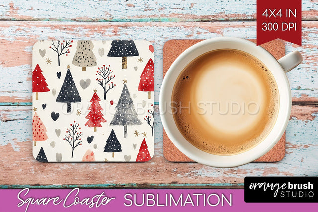 Christmas Tree Square Coaster PNG, Vintage Christmas Coaster Sublimation OrangeBrushStudio 
