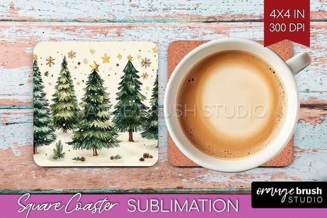 Christmas Tree Square Coaster PNG, Vintage Christmas Coaster Sublimation OrangeBrushStudio 