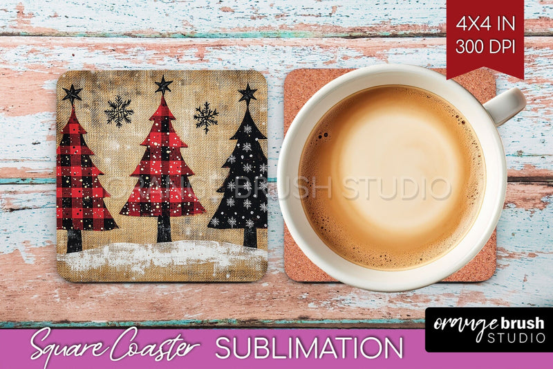 Christmas Tree Square Coaster PNG, Vintage Christmas Coaster Sublimation OrangeBrushStudio 