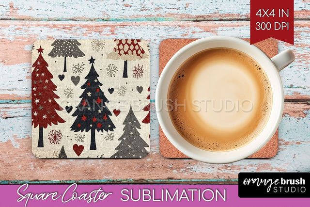 Christmas Tree Square Coaster PNG, Vintage Christmas Coaster Sublimation OrangeBrushStudio 