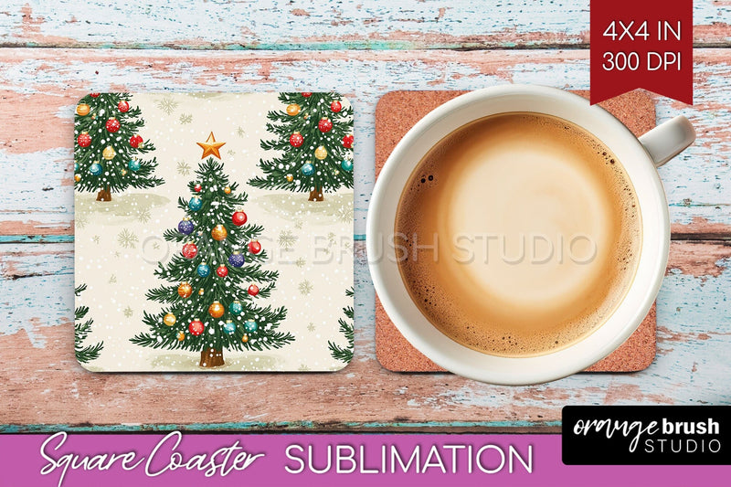 Christmas Tree Square Coaster PNG, Vintage Christmas Coaster Sublimation OrangeBrushStudio 