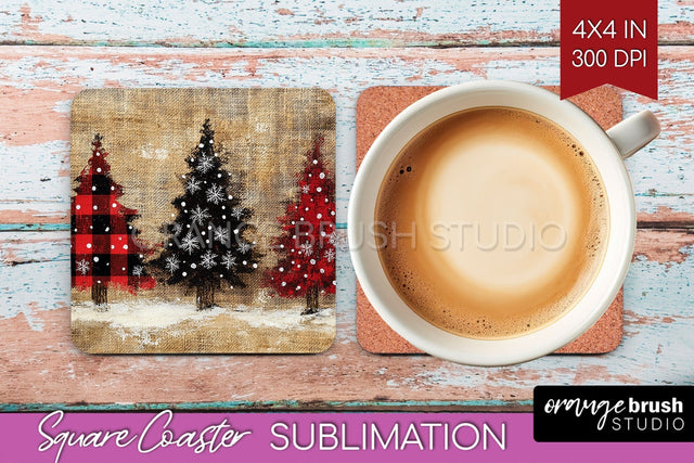 Christmas Tree Square Coaster PNG, Vintage Christmas Coaster Sublimation OrangeBrushStudio 