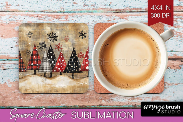 Christmas Tree Square Coaster PNG, Vintage Christmas Coaster Sublimation OrangeBrushStudio 