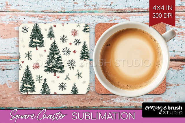 Christmas Tree Square Coaster PNG, Vintage Christmas Coaster Sublimation OrangeBrushStudio 