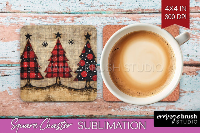 Christmas Tree Square Coaster PNG, Vintage Christmas Coaster Sublimation OrangeBrushStudio 