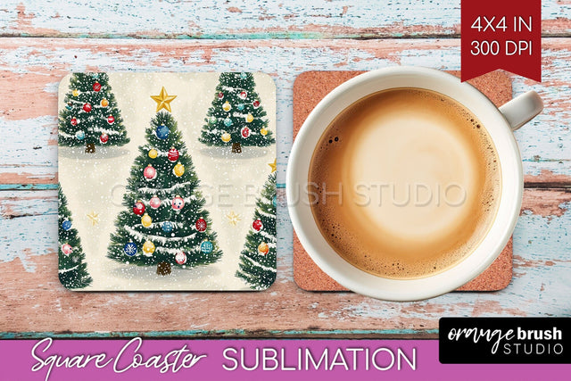 Christmas Tree Square Coaster PNG, Vintage Christmas Coaster Sublimation OrangeBrushStudio 