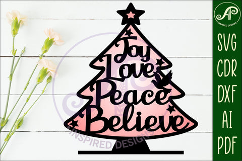 Christmas tree stand, laser cut file, Joy Love Peace Believe SVG APInspireddesigns 