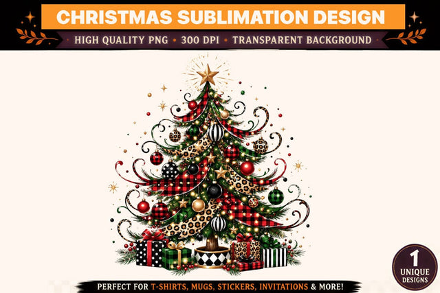 Christmas Tree Sublimation PNG | Leopard & Buffalo Plaid Christmas Tree Design | Glam Rustic Holiday T-Shirt PNG | Christmas Tree Clipart | 300 DPI Sublimation BlackCatsMedia 
